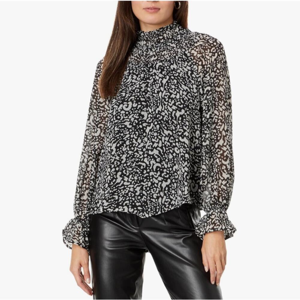 SANCTUARY Better Still Smocked Blouse Ruffle Mock Neck Animal Print Black Size L